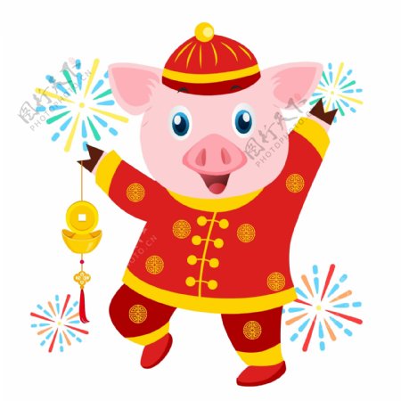 猪跳舞持有长链戴金色的中国红