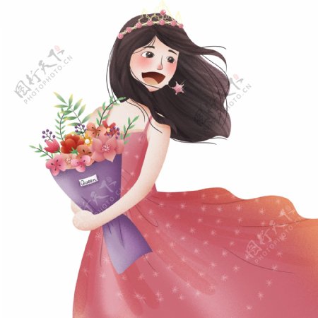 彩绘唯美拿着一束花的少女