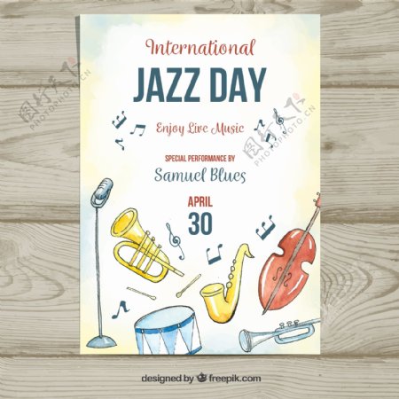 彩绘国际爵士乐日乐器传单