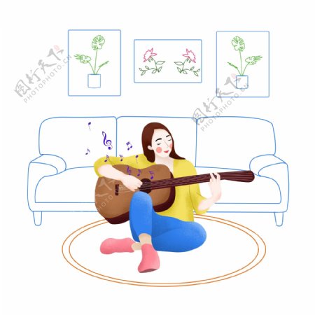 手绘虚实象生风格坐沙发前弹吉他的女生