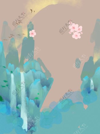 彩绘春季瀑布风景背景设计