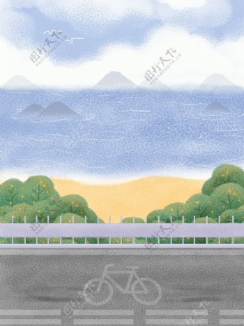 手绘春季海滩背景设计