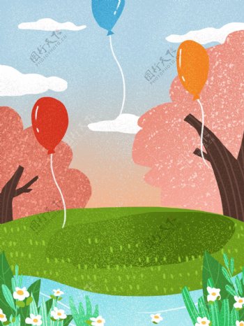 手绘春季户外树林气球背景设计