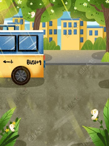 清新手绘春季低碳出行公交背景设计