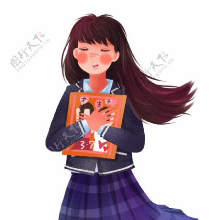 卡通可爱抱着书的女学生