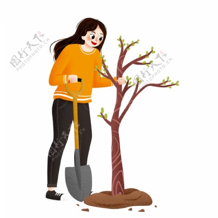 清新手绘种树的女生插画人物设计