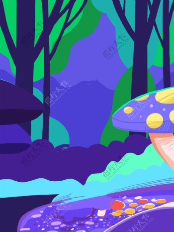 扁平梦幻树林蘑菇背景设计