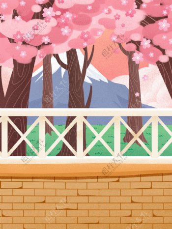 手绘日本樱花季樱花园背景设计