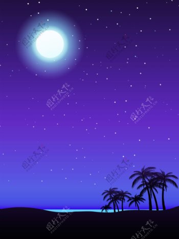 蓝色夜晚星空海滩简约明亮背景图