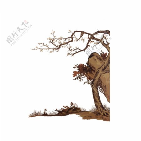中国画古典白梅白花水墨工笔PNG树木枯石