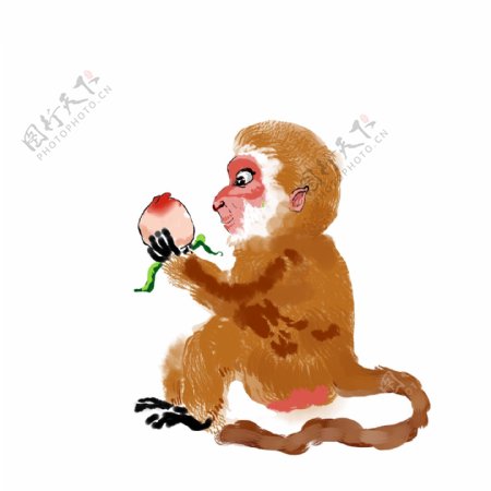 猴子吃桃手绘中国风水墨系列二
