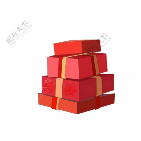 手绘春节年货元宝礼盒多个红色礼盒