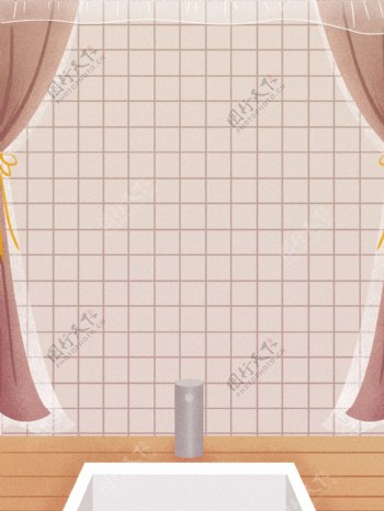 手绘小清新洗手台前的窗纱背景素材