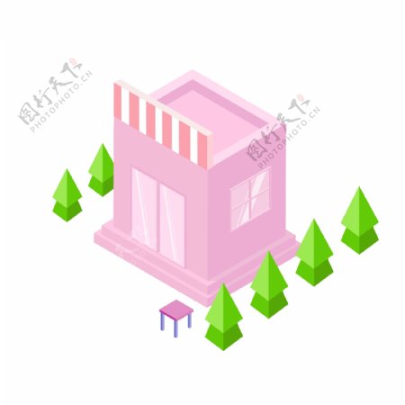 2.5D粉色立体建筑插画