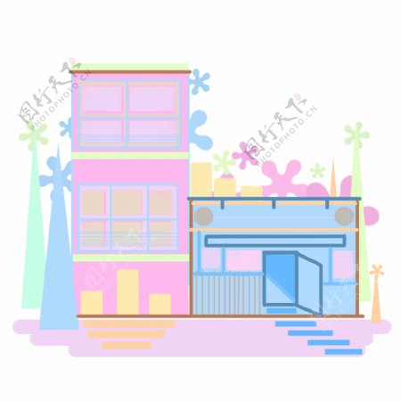 粉色楼房房屋插画