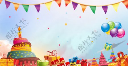 生日邀请函彩旗蛋糕礼物海报