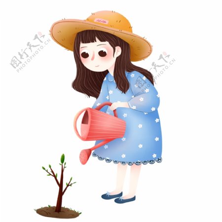 卡通小清新种树浇花的女孩