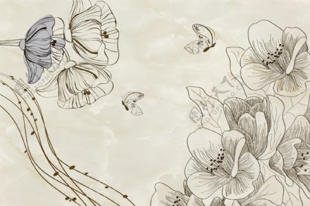 手绘线条花朵背景墙