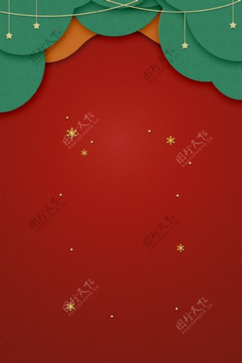 圣诞节扁平几何剪纸风红色背景海报