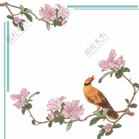 边框中国风花鸟植物壁画装饰