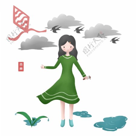 谷雨放风筝的女孩插画