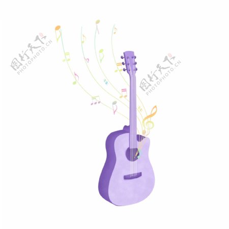 手绘渐变漂浮音符环绕乐器紫色吉他装饰图案