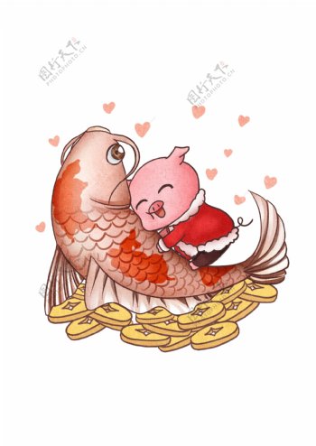 手绘中国风锦鲤和可爱小猪