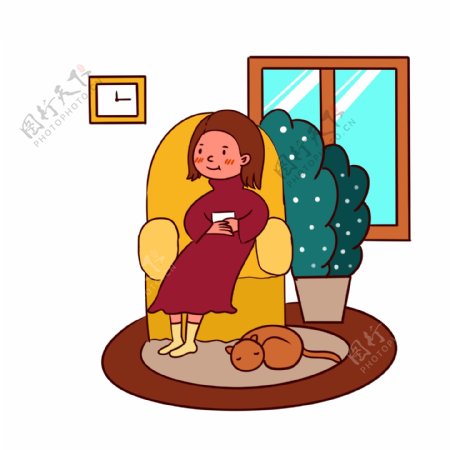 手绘矢量卡通可爱小雪节气坐在沙发上的女生