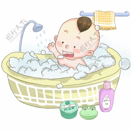 手绘洗澡的婴儿插画