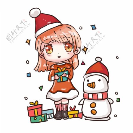 圣诞节可爱萌妹子与雪人礼物卡通手绘素材