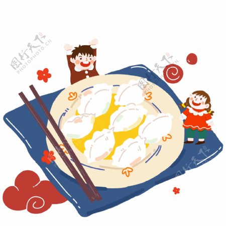 手绘过大年吃饺子儿童插画