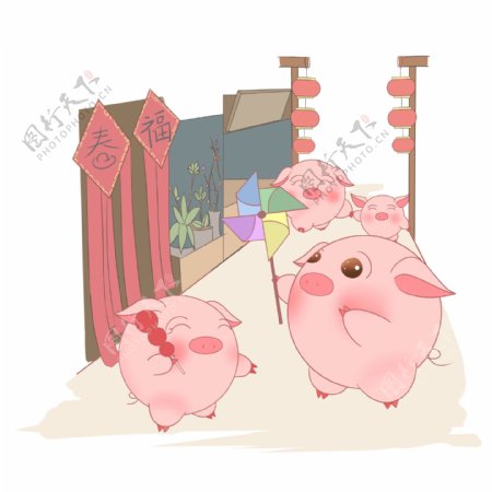 猪年卡通手绘小猪逛年会