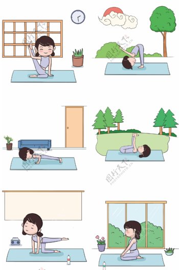 健活女生清晨练瑜伽家居瑜伽插画