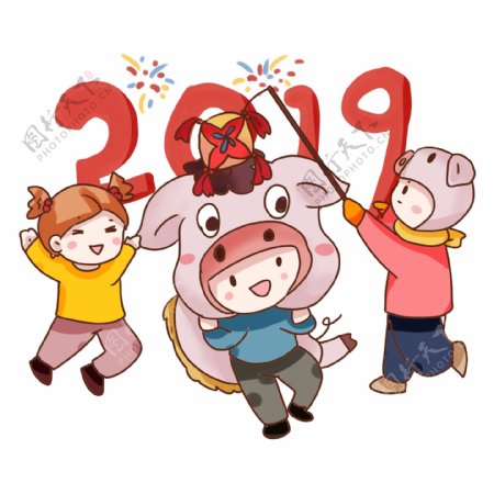 手绘卡通2019猪年