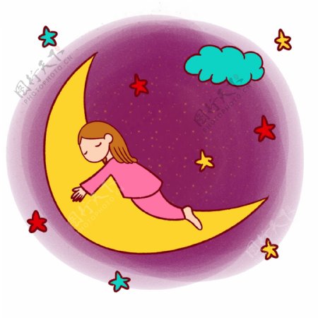 手绘卡通可爱梦幻童话月亮和小女孩
