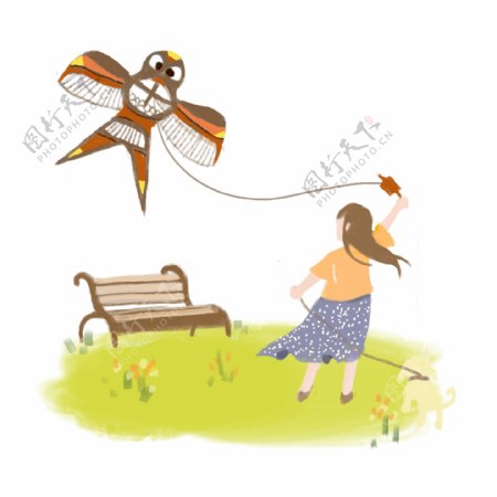 卡通唯美手绘女孩宠物狗春天草地玩耍郊游放燕子风筝