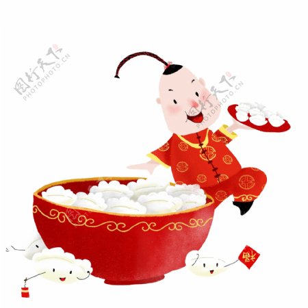手绘中国风新年包饺子儿童插画