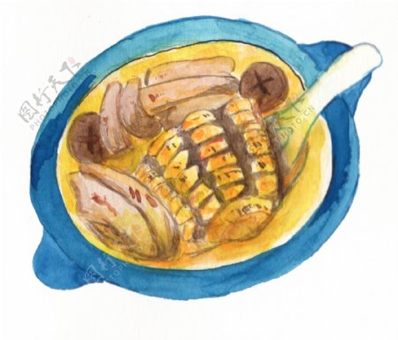 卡通手绘美味香菇玉米汤插画