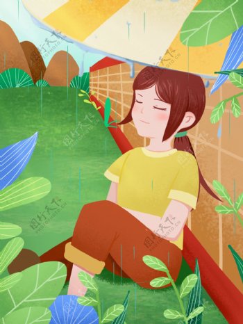 绿色清新谷雨节气女孩睡着插画草地
