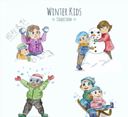 7个冬季玩耍的儿童
