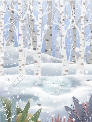 手绘冬季树林背景素材