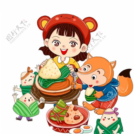 彩绘端午节吃粽子的女孩和松鼠设计