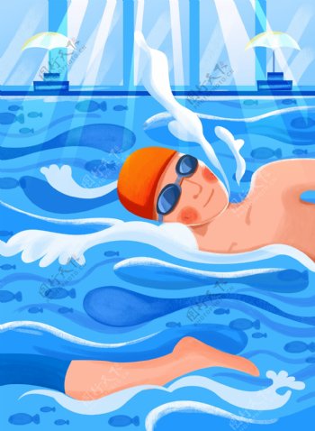 小清新肌理风夏季锻炼身体游泳插画