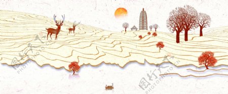 中国风创意线条意境水墨山水麋鹿画装饰画