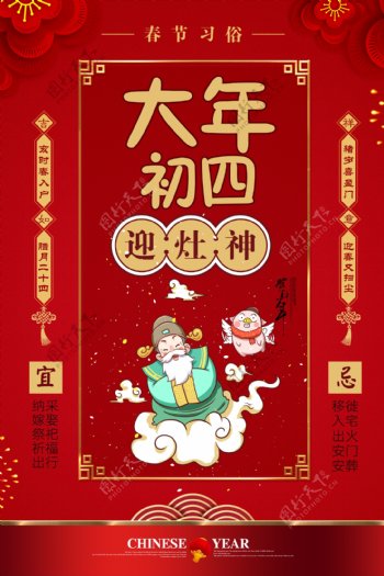 红色大气春节习俗大年初四海报