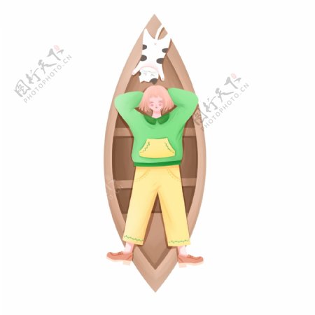 卡通小清新躺着船上的女孩和猫咪设计