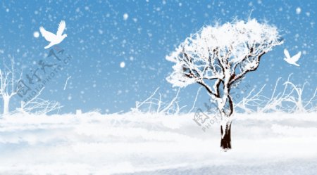 卡通冬至节气树木雪景背景
