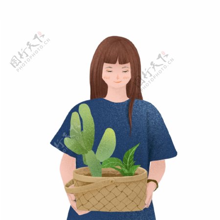 卡通小清新拿着植物的女孩子