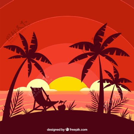 创意度假沙滩夕阳剪影