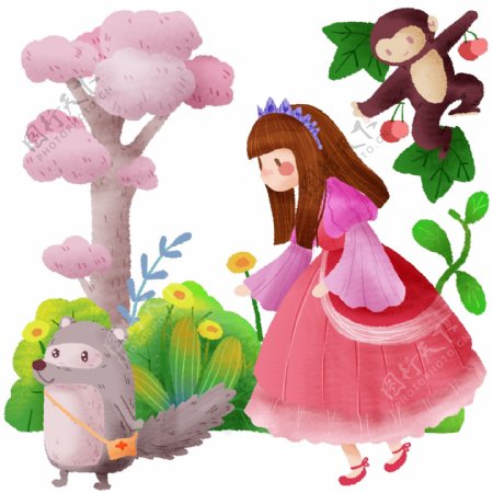 手绘森林小女孩和动物玩耍捉迷藏